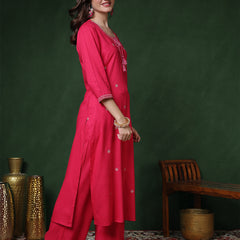 Pink Rayon Calf Length Solid 3/4 Sleeves Round Neck Straight Kurta Suit Set