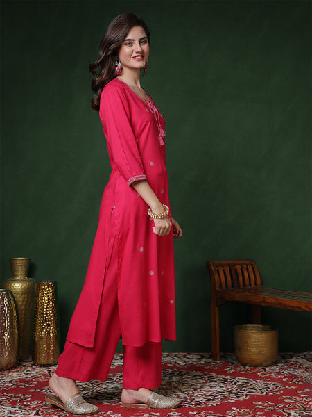 Pink Rayon Calf Length Solid 3/4 Sleeves Round Neck Straight Kurta Suit Set