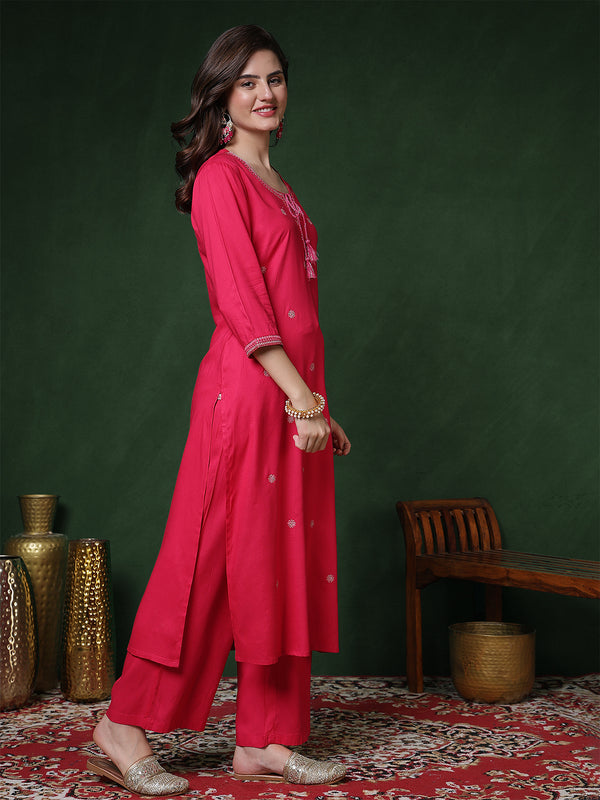 Pink Rayon Calf Length Solid 3/4 Sleeves Round Neck Straight Kurta Suit Set