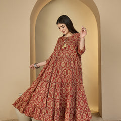Gulmohar Jaipur Cotton Calf Length Printed 3/4 Sleeves Round Neck Anarkali Kurta Suit Set