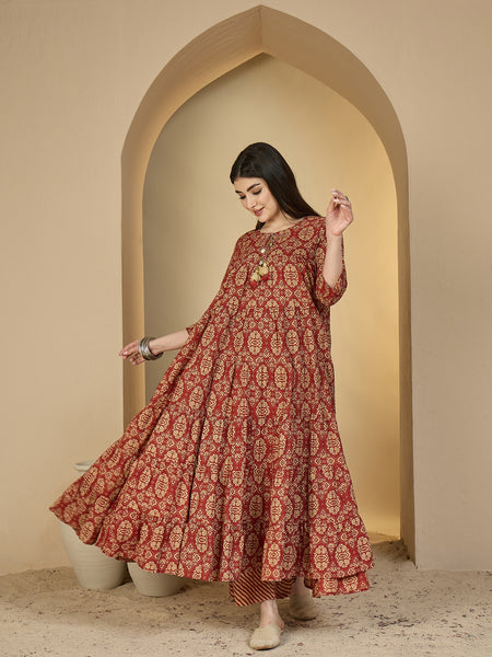 Gulmohar Jaipur Cotton Calf Length Printed 3/4 Sleeves Round Neck Anarkali Kurta Suit Set