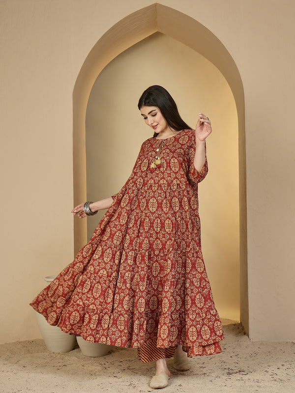Gulmohar Jaipur Cotton Calf Length Printed 3/4 Sleeves Round Neck Anarkali Kurta Suit Set