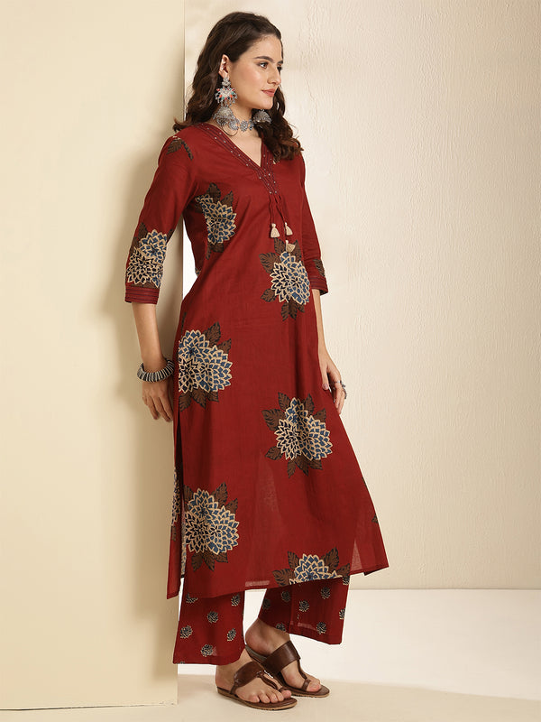 Maroon Pure Cotton Printed 3/4 Sleeves V-Neck Straight Kurta Suit Set