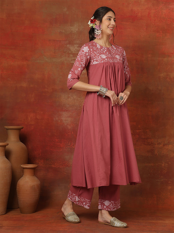 Lime Rayon Solid Hand-Work Round Neck Semi-Flared Kurta Suit Set