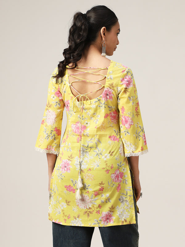 Cotton Hip Length Printed 3/4 Sleeve V-Neck Straight Top