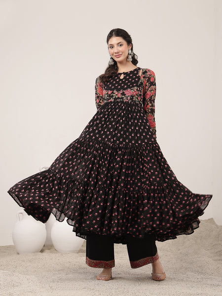 Malmal Calf Length Printed Full Sleeve Key Hole Neck Flared Kurta Suit Set