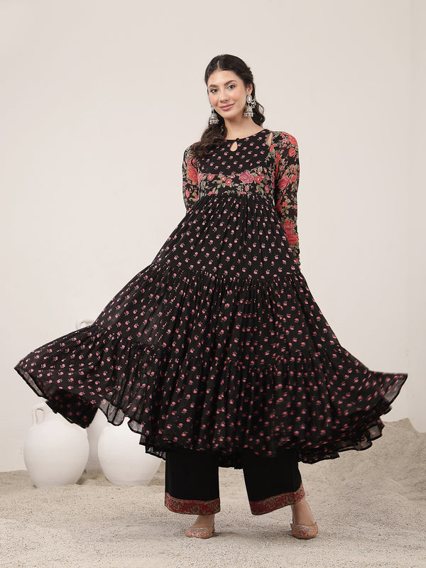 Malmal Calf Length Printed Full Sleeve Key Hole Neck Flared Kurta Suit Set