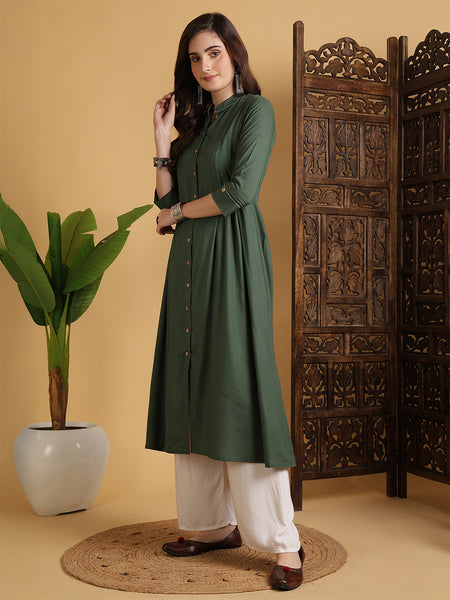 Green Rayon Calf Length Solid A-Line Mandarin Neck Kurta