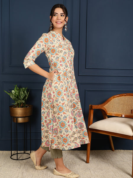 Blue Cotton Flex Calf Length Printed Mandarin Coller A-Line Kurta