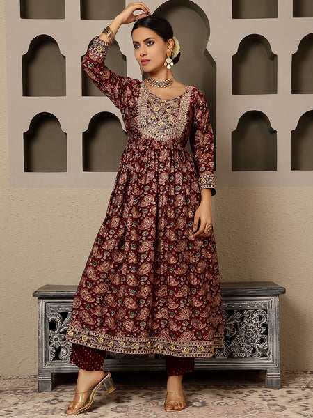 Maroon Rayon Calf Length Printed Round Flared Kurta Suit Set