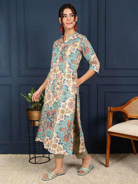 Blue Cotton Flex Calf Length Printed Mandarin Coller A-Line Kurta