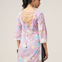 Cotton Hip Length Printed 3/4 Sleeve V-Neck Straight Top