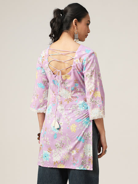 Cotton Hip Length Printed 3/4 Sleeve V-Neck Straight Top