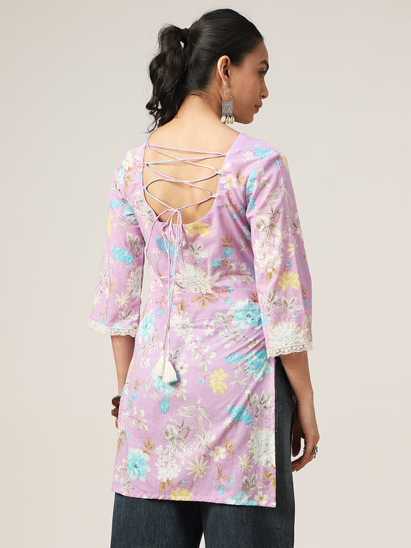 Cotton Hip Length Printed 3/4 Sleeve V-Neck Straight Top