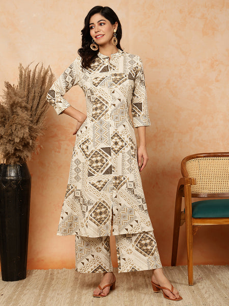 Cotton Flex Calf Length Printed Mandarin Neck Straight Kurta