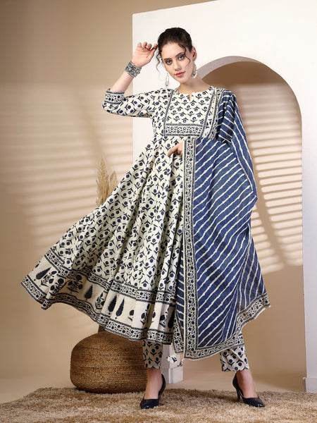 Cotton Calf Length Printed Round Neck Anarkali Kurta Suit Set