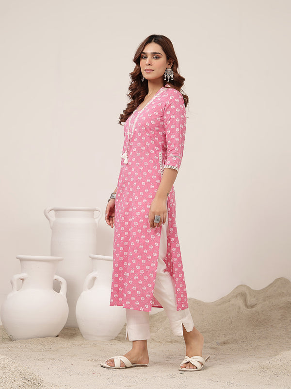 Cotton Calf Length Printed 3/4 Sleeve V-Neck Straight Kurta