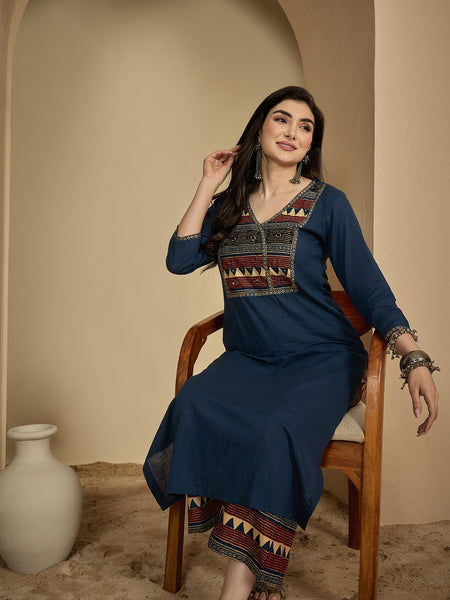 Gulmohar Jaipur Rayon Calf Length Solid 3/4 Sleeves V-Neck Straight Kurta Suit Set