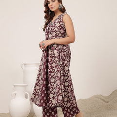 Rayon Calf Length Printed Sleeveless V-Neck Flared Kurta