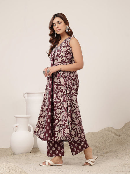 Rayon Calf Length Printed Sleeveless V-Neck Flared Kurta