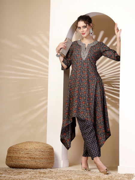 Navy Cotton Calf Length Printed Round Neck Asymmetric Kurta Palazzo Set