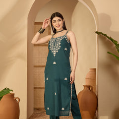 Gulmohar Jaipur Cotton Calf Length Solid Sleeveless V-Neck Straight Kurta Suit Set