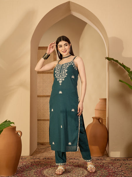 Gulmohar Jaipur Cotton Calf Length Solid Sleeveless V-Neck Straight Kurta Suit Set