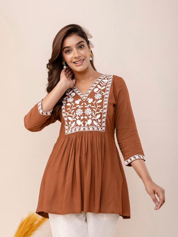Brown Rayon Hip Length Solid V-Neck Solid Embroidered Semi-Flared Top