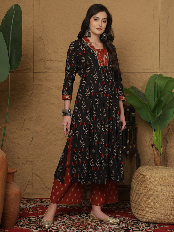 Black Pure Cotton Printed Hand-Work V-Neck Semi-Flared Kurta Suit Set