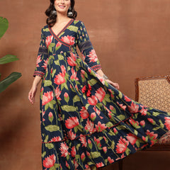 Cotton Ankle Length Printed 3/4 Sleeves V-Neck Flared Kurta