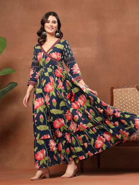 Cotton Ankle Length Printed 3/4 Sleeves V-Neck Flared Kurta