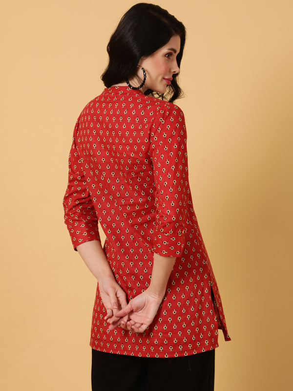 Cotton  Midi Length Printed Straight 3/4 Sleeves Mandarin Top