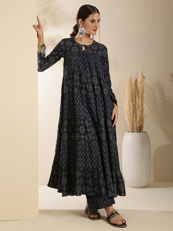 Maroon Pure Cotton Printed Keyhole Neck Anarkali Kurta Suit Set