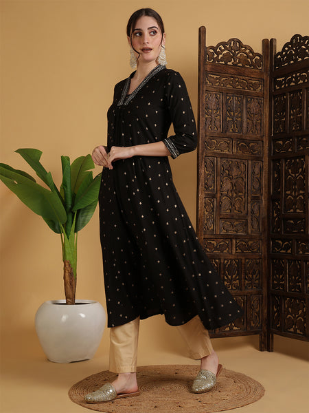Black Rayon Calf Length Solid Semi-Flared V-Neck Kurta