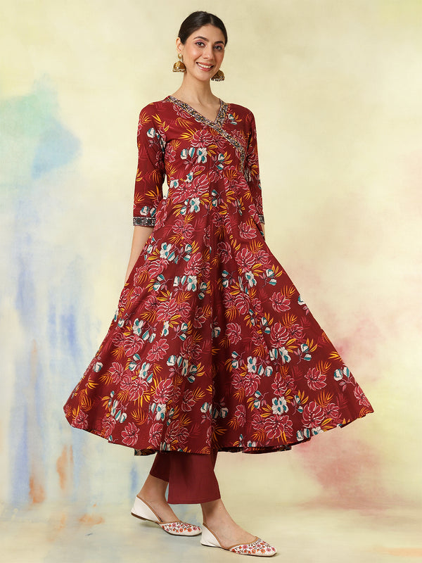 Black Pure Cotton Printed hand-Work Anarkali Kurta Suit Set
