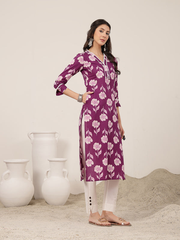 Gulmohar Jaipur Cotton Calf Length Printed 3/4 Sleeves V-Neck Anarkali Kurta Suit Set