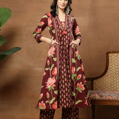 Cotton Calf Length Printed 3/4 Sleeves V-Neck Flared Kurta Suit Set