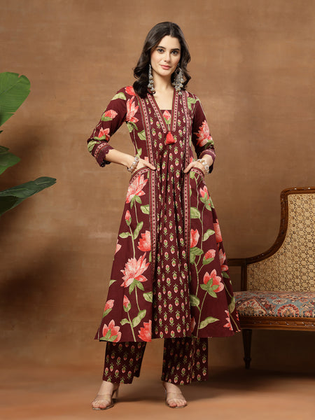 Cotton Calf Length Printed 3/4 Sleeves V-Neck Flared Kurta Suit Set