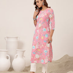 Cotton Calf Length Printed 3/4 Sleeve Round Neck Straight Kurta