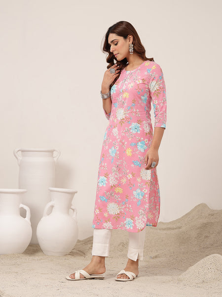 Cotton Calf Length Printed 3/4 Sleeve Round Neck Straight Kurta