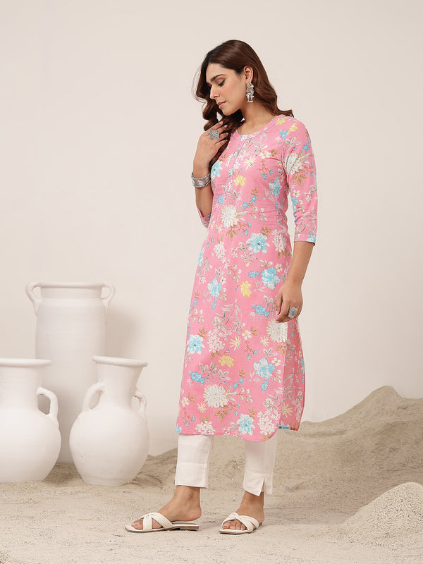 Cotton Calf Length Printed 3/4 Sleeve Round Neck Straight Kurta
