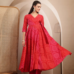 Gulmohar Jaipur Cotton Calf Length Printed 3/4 Sleeves V-Neck Flared Kurta Suit Set