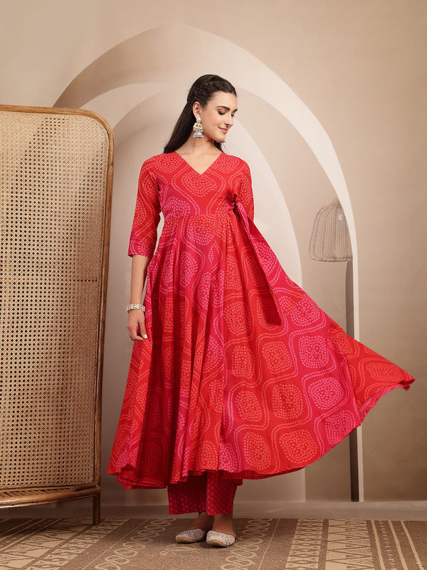 Gulmohar Jaipur Cotton Calf Length Printed 3/4 Sleeves V-Neck Flared Kurta Suit Set
