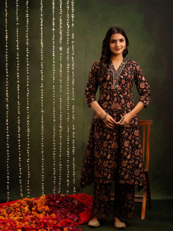 Black Cotton Calf Length Printed A-Line V-Neck Kurta Palazzo Set