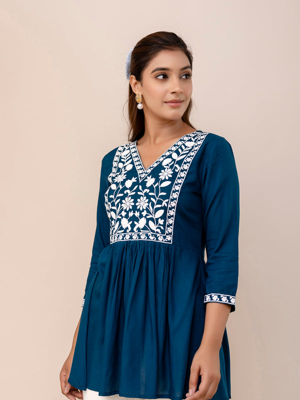 Blue Rayon Hip Length Solid V-Neck Solid Embroidered Semi-Flared Top
