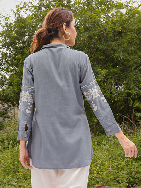 Gulmohar Jaipur Rayon Hip Length Solid 3/4 Sleeve Shirt Collar Straight Top