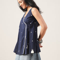 Cotton Hip Length Solid Sleeveless V-Neck Flared Top