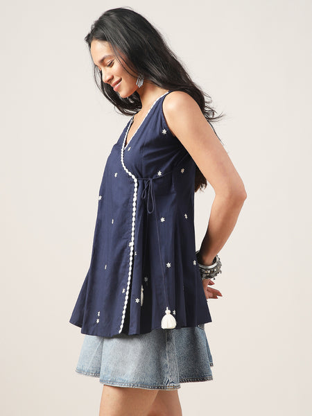 Cotton Hip Length Solid Sleeveless V-Neck Flared Top