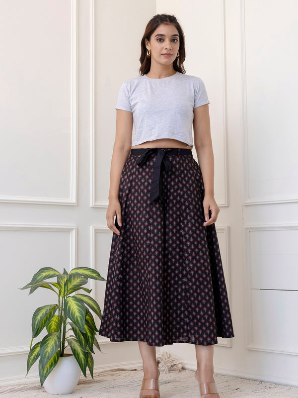 Blue Cotton Calf Length Printed Flared Palazzo