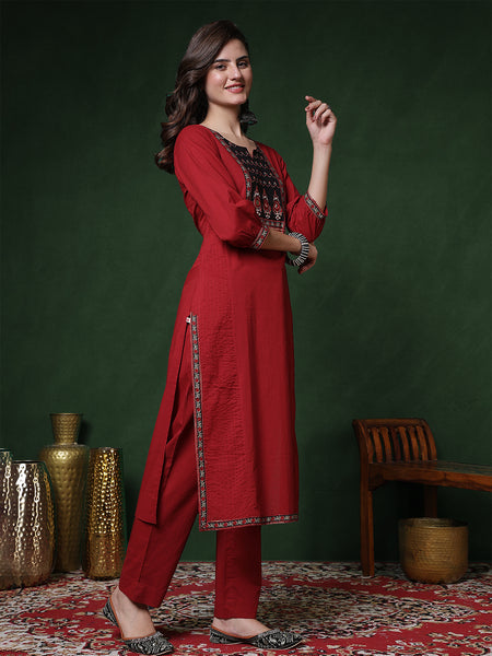 Maroon Rayon Calf Length Solid 3/4 Sleeves Round Neck Straight Kurta Suit Set
